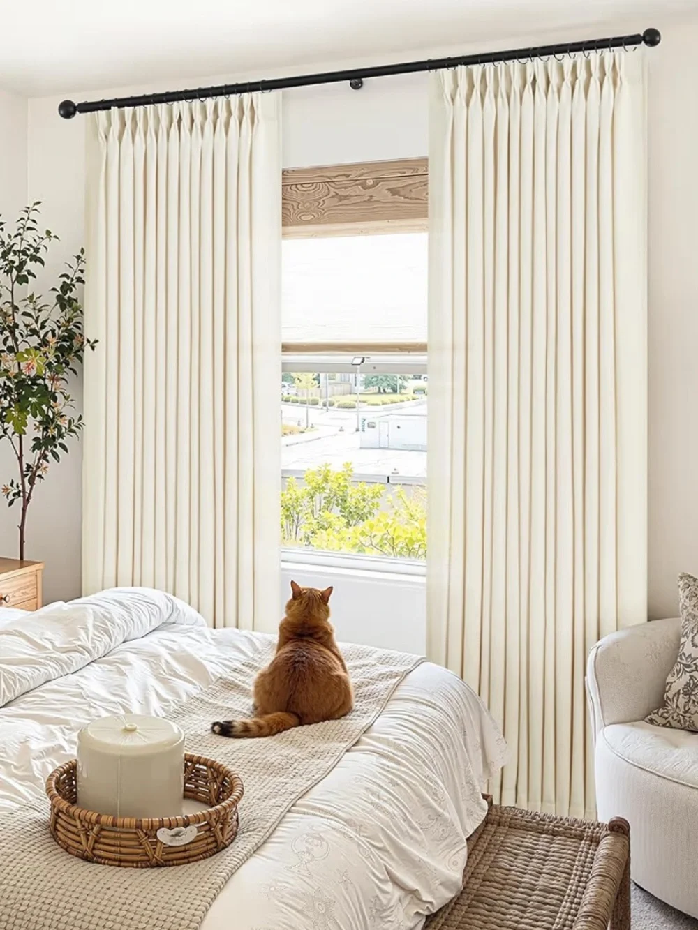 Pinch Pleated Linen Curtains with Hooks & Rings 84” SEMI-SHEER (2-Panels) CREAM